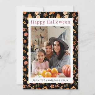 Minimalist Pumpkin Vintage Happy Halloween 1 Photo Holiday Card