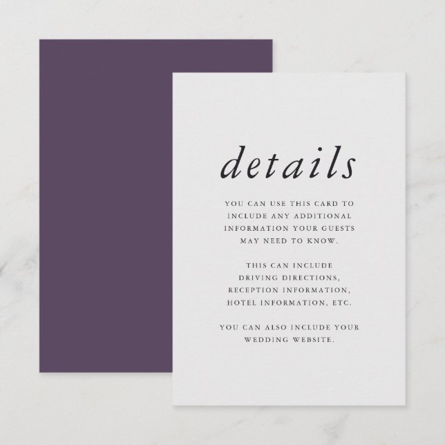 Minimalist Purple and Grey Wedding Details Enclosure Card (Front/Back)