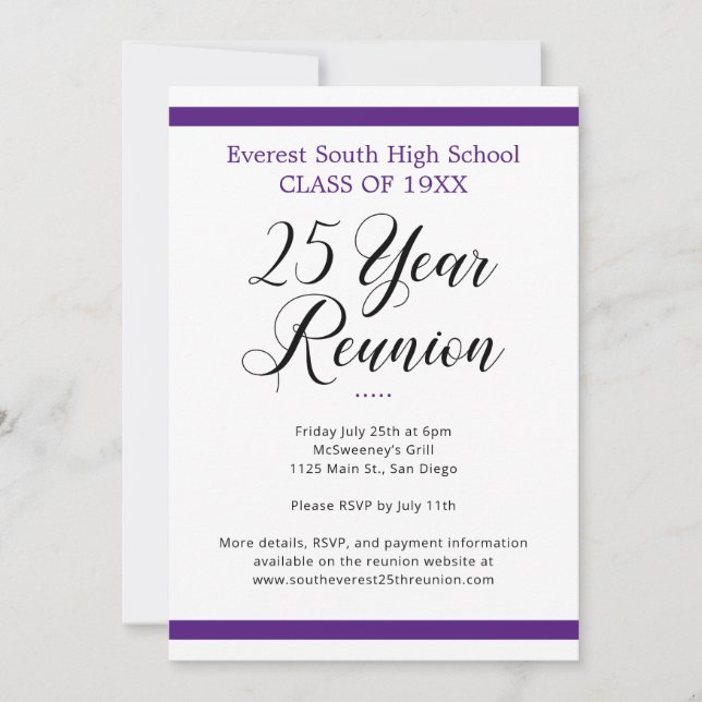 Minimalist Purple and White 25 Year Class Reunion Invitation (Front)