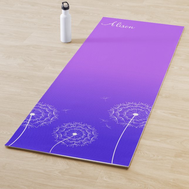 Minimalist Purple and White Dandelion Name Script Yoga Mat (In Situ)