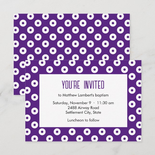 Minimalist Purple and White Polka-Dot Baptism Invitation (Front/Back)