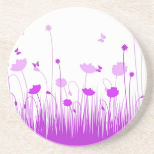 Minimalist Purple and White Poppies Meadow Floral Coaster