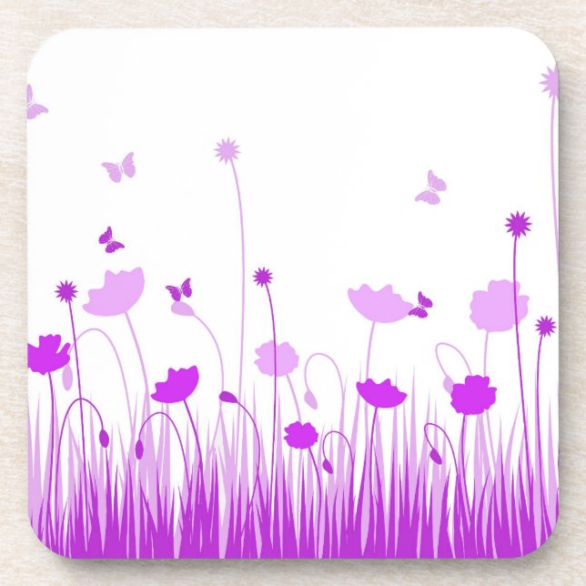 Minimalist Purple and White Poppies Meadow Floral Coaster (Front)