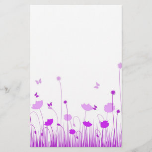 Minimalist Purple and White Poppies Meadow Floral Stationery