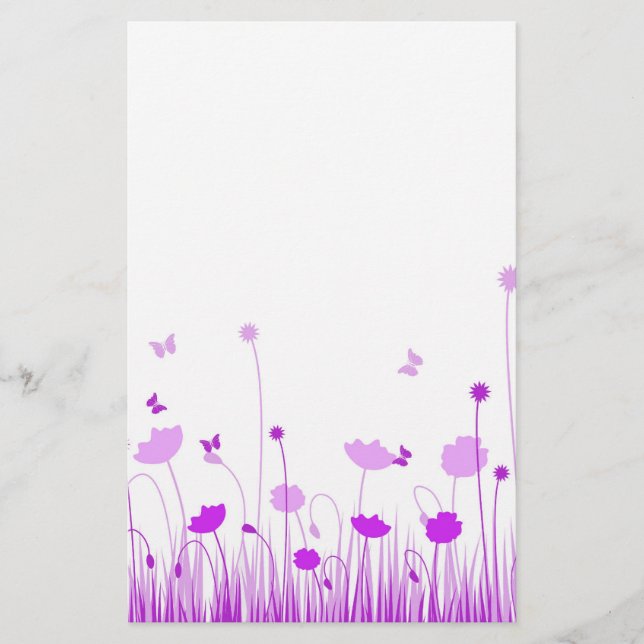 Minimalist Purple and White Poppies Meadow Floral Stationery (Front)