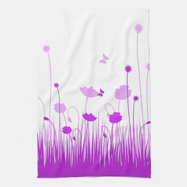 Minimalist Purple and White Poppies Meadow Floral Tea Towel (Vertical)