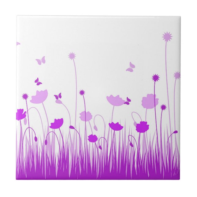 Minimalist Purple and White Poppies Meadow Floral Tile (Front)