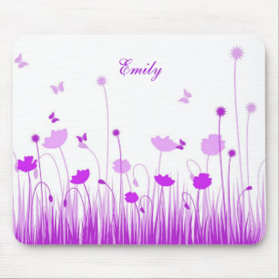 Minimalist Purple and White Poppies Meadow Name Mouse Mat