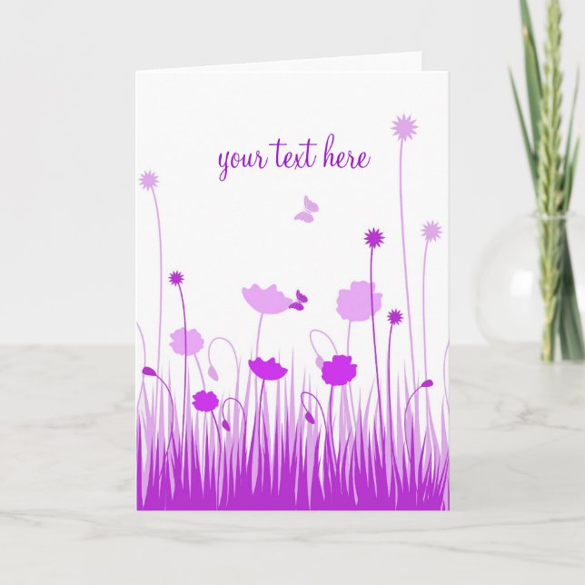 Minimalist Purple and White Poppies Meadow Script Card (Front)