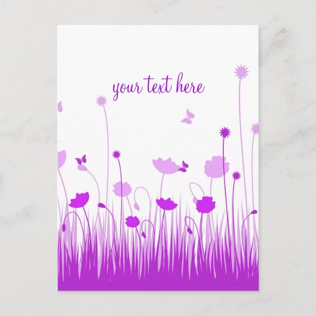 Minimalist Purple and White Poppies Meadow Script Postcard (Front)
