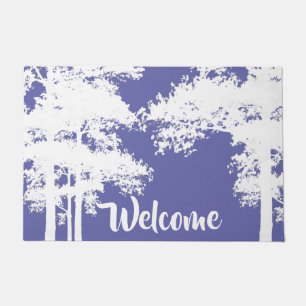 Minimalist purple and white tree silhouettes doormat