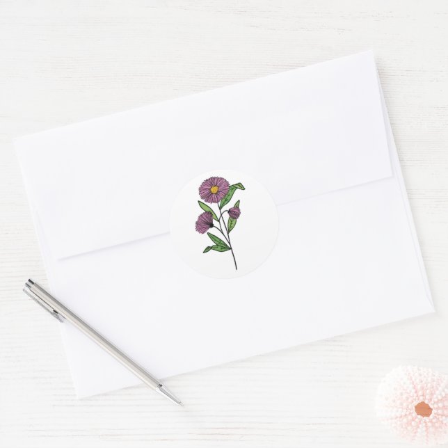 Minimalist Purple Aster Wedding Classic Round Sticker (Envelope)
