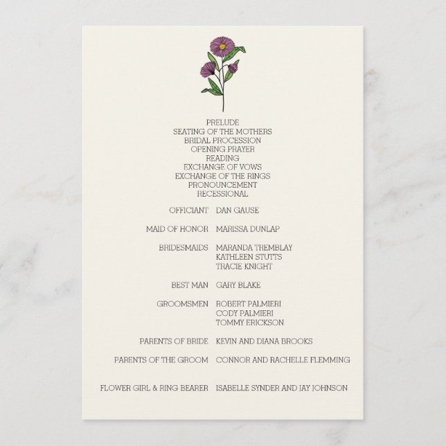 Minimalist Purple Aster Wedding Program Programme (Front)