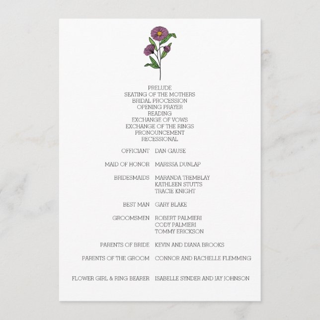 Minimalist Purple Aster Wedding Program Programme (Front)