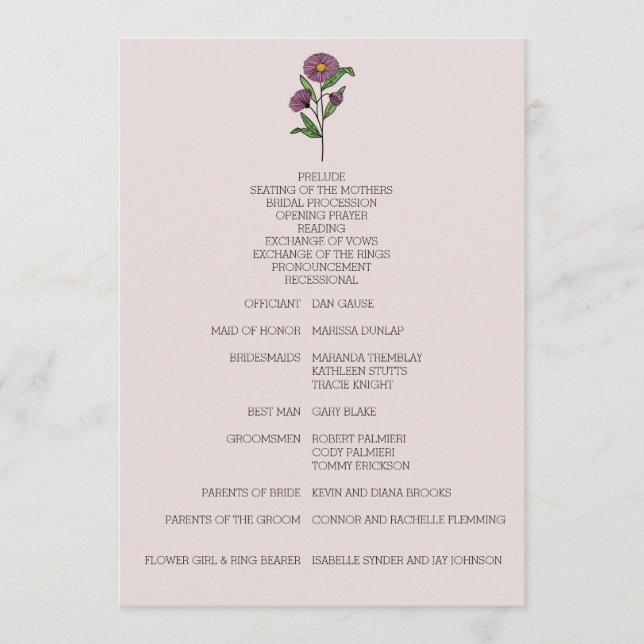 Minimalist Purple Aster Wedding Program Programme (Front)