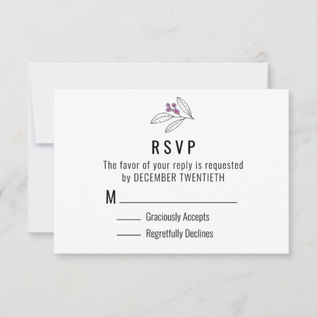 Minimalist Purple Berries Leaves Wedding RSVP (Front)