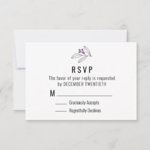Minimalist Purple Berries Leaves Wedding RSVP Card