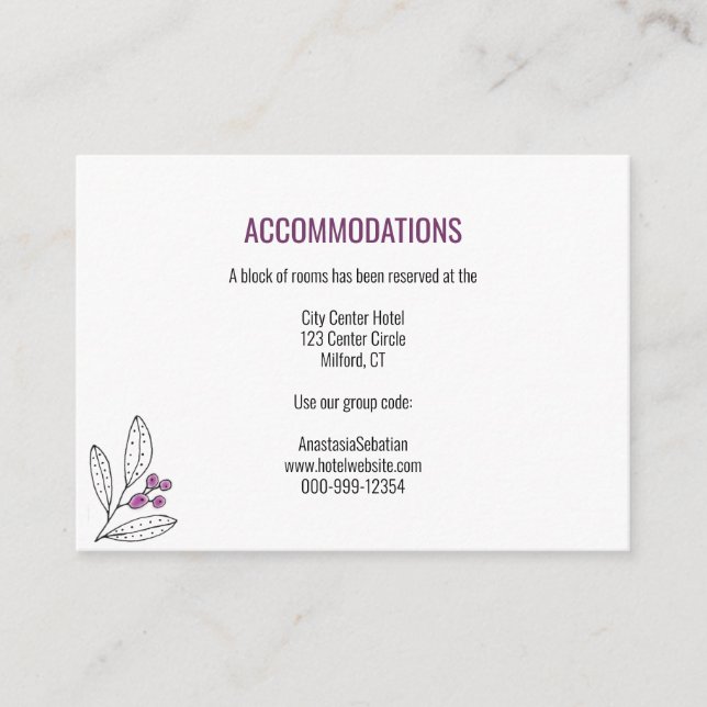 Minimalist Purple Berry Leaf Wedding Guest Details Enclosure Card (Front)