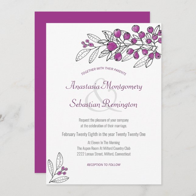 Minimalist Purple Berry Leaf Wedding Invitation (Front/Back)