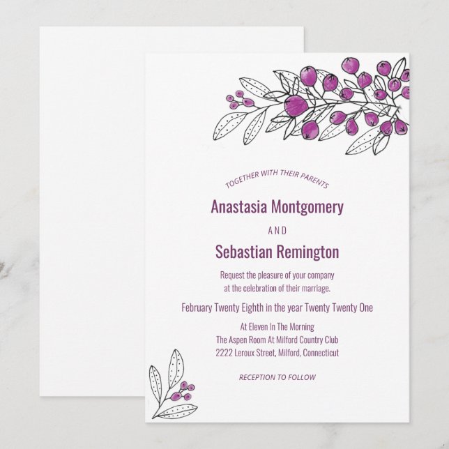 Minimalist Purple Berry Leaf Wedding Invitation (Front/Back)