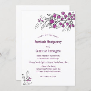 Minimalist Purple Berry Leaf Wedding Invitation