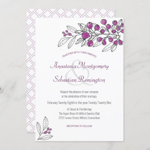 Minimalist Purple Berry Leaf Wedding Invitation