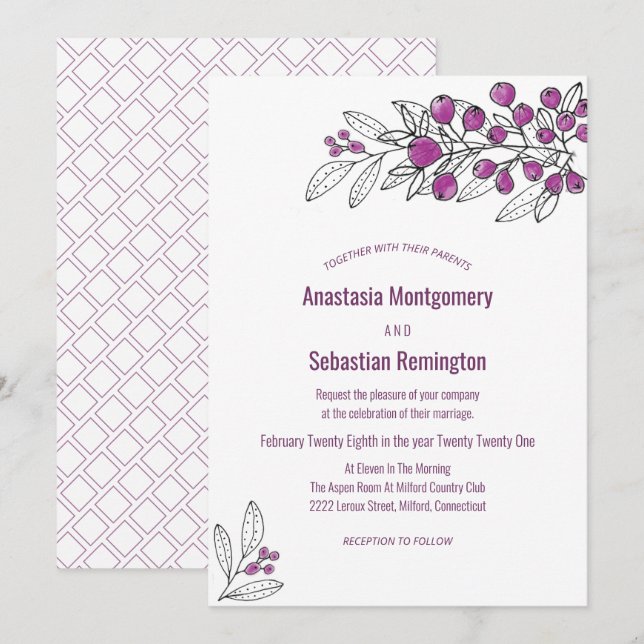 Minimalist Purple Berry Leaf Wedding Template (Front/Back)