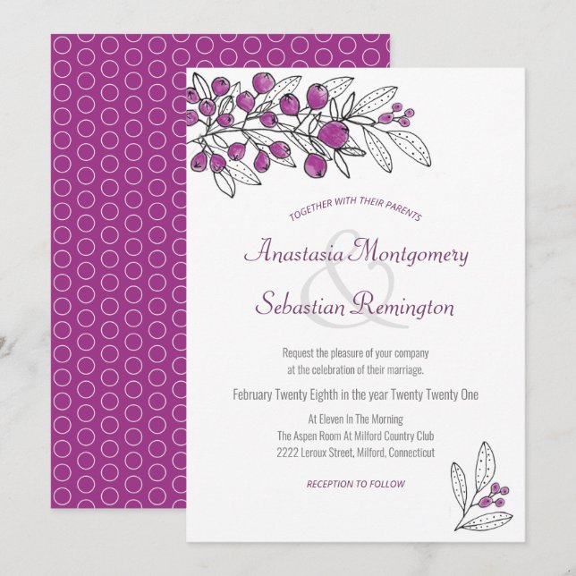 Minimalist Purple Berry Leaves Template Wedding (Front/Back)