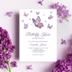 Minimalist Purple Butterfly kisses baby shower Invitation