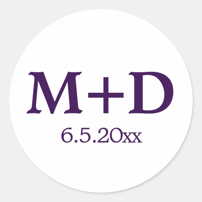Minimalist Purple Couple Initials & Date Classic Round Sticker (Front)
