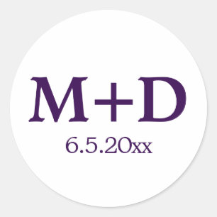 Minimalist Purple Couple Initials & Date Classic Round Sticker