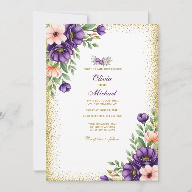 Minimalist Purple Floral Note Paper Background Invitation (Front)