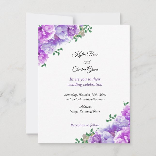 Minimalist Purple Floral Peony Wedding Invitation (Front)