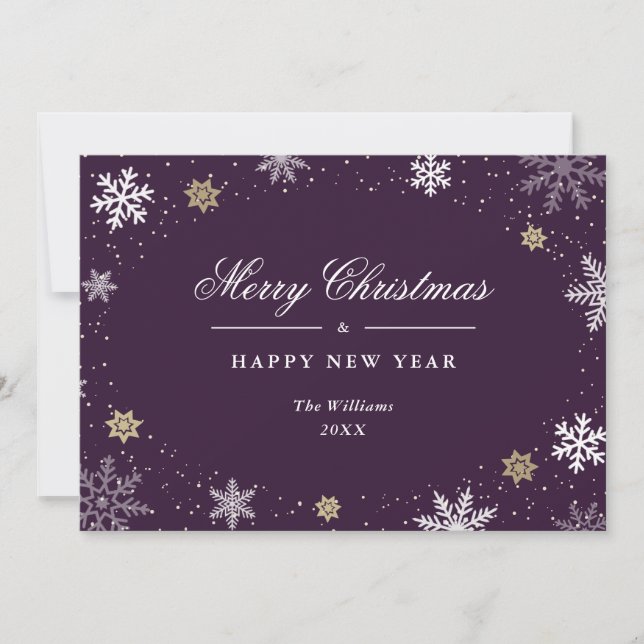 Minimalist Purple Gold Snowflake Elegant Holiday Card (Front)