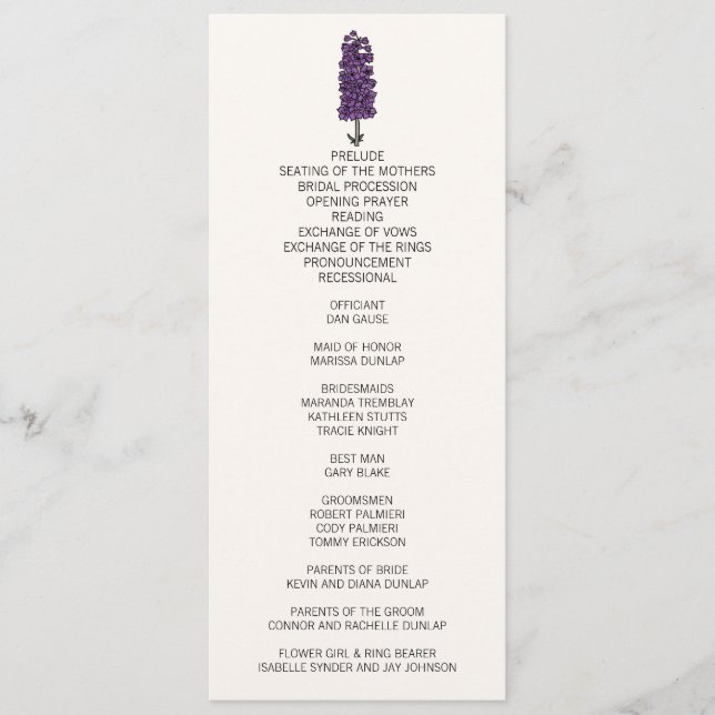 Minimalist Purple Larkspur Wedding Program Programme (Front)