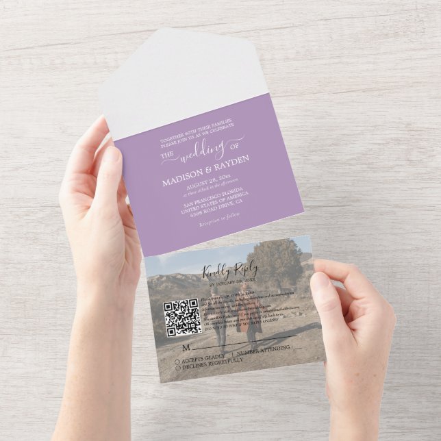 Minimalist Purple Lavender QR Code RSVP Wedding All In One Invitation (Tearaway)
