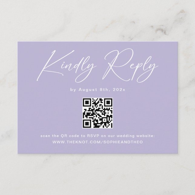 Minimalist Purple Lavender QR Code Wedding RSVP  Enclosure Card (Front)