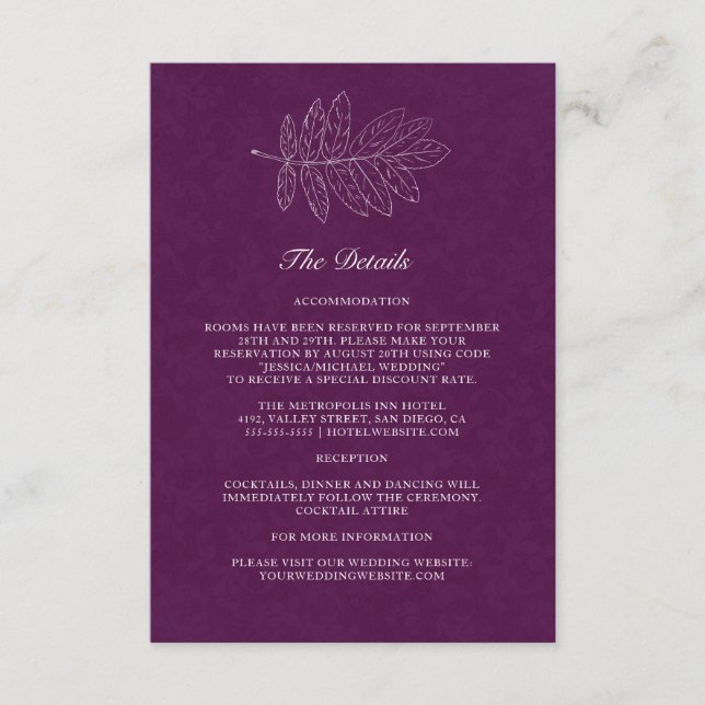 Minimalist Purple Modern Botanical Wedding Details Enclosure Card (Front)