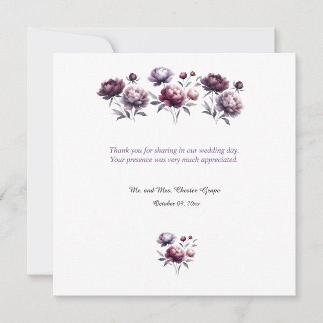 Minimalist Purple Peonies Wedding Thank You Card (Front)