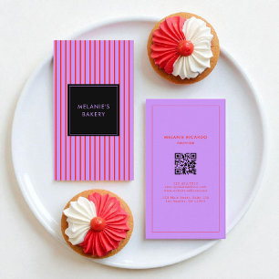 Minimalist Purple & Red Stripes QR Code Bakery  Business Card