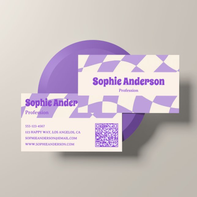 Minimalist Purple Retro Wavy Pattern QR Code  Business Card (Creator Uploaded)