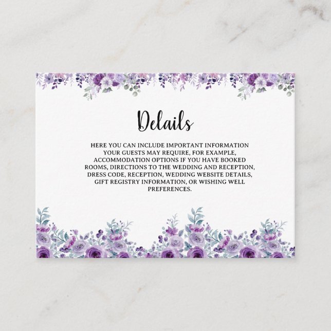 Minimalist Purple Text Wedding Details Enclosure Card (Front)