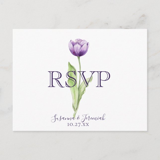 Minimalist Purple Tulip Wedding RSVP Meal Option Invitation Postcard (Front)