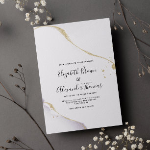 Minimalist purple watercolor gold glitter wedding  invitation