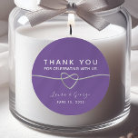 Minimalist Purple Wedding Thank You Classic Round Sticker<br><div class="desc">Simple,  elegant,  minimalist purple wedding thank you sticker,  with silver rope heart and modern calligraphy script.</div>