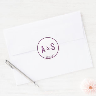 Minimalist Purple White Initials Date Wedding Classic Round Sticker