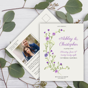 Minimalist Purple Wildflower Wedding Save the Date Postcard