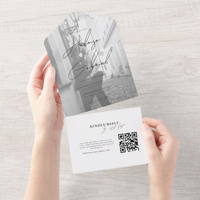 Minimalist QR Code All in one Photo Wedding  All In One Invitation (Tearaway)