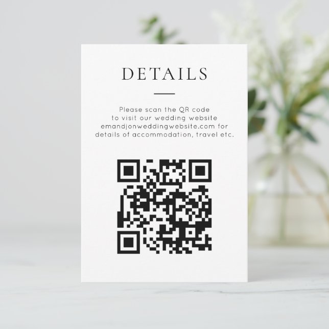 Minimalist QR Code Black White Wedding Details Enclosure Card (Standing Front)