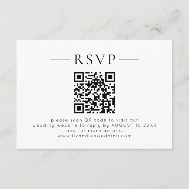 Minimalist QR Code Black White Wedding RSVP Card (Front)